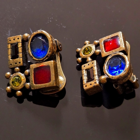 Chico's Vintage 1980s Clip-On Earrings with Blue and Red Green Stones In Brozen - Picture 1 of 16
